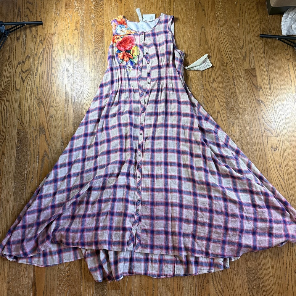 Aratta Dress Womens XL Blue Plaid Sleeveless Button Front Hi Low Maxi Swing